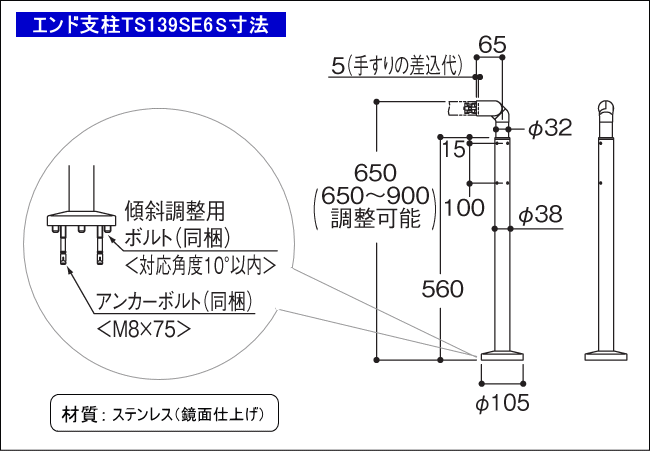 人気No.1】 TOTO アクセサリー 住宅用屋外手すり エンド支柱(アンカー固定式)(旧品番 TS139SE1R)〔HB〕 