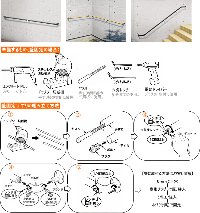 壁に固定すつ屋外手摺り取付方法