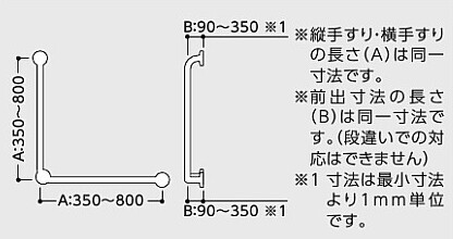TOTO T112CL9-1 長さと出幅を特注できる樹脂被覆L型手すり寸法図