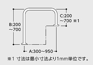 長さと高さを特注できる樹脂被覆Ｕ型手すり寸法図
