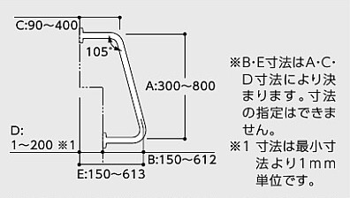 長さと高さを特注できる浴室洗い場用（段差対応型）手すり寸法図