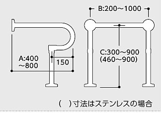 長さと高さを特注できる樹脂被覆カウンター洗面器用手すり寸法図
